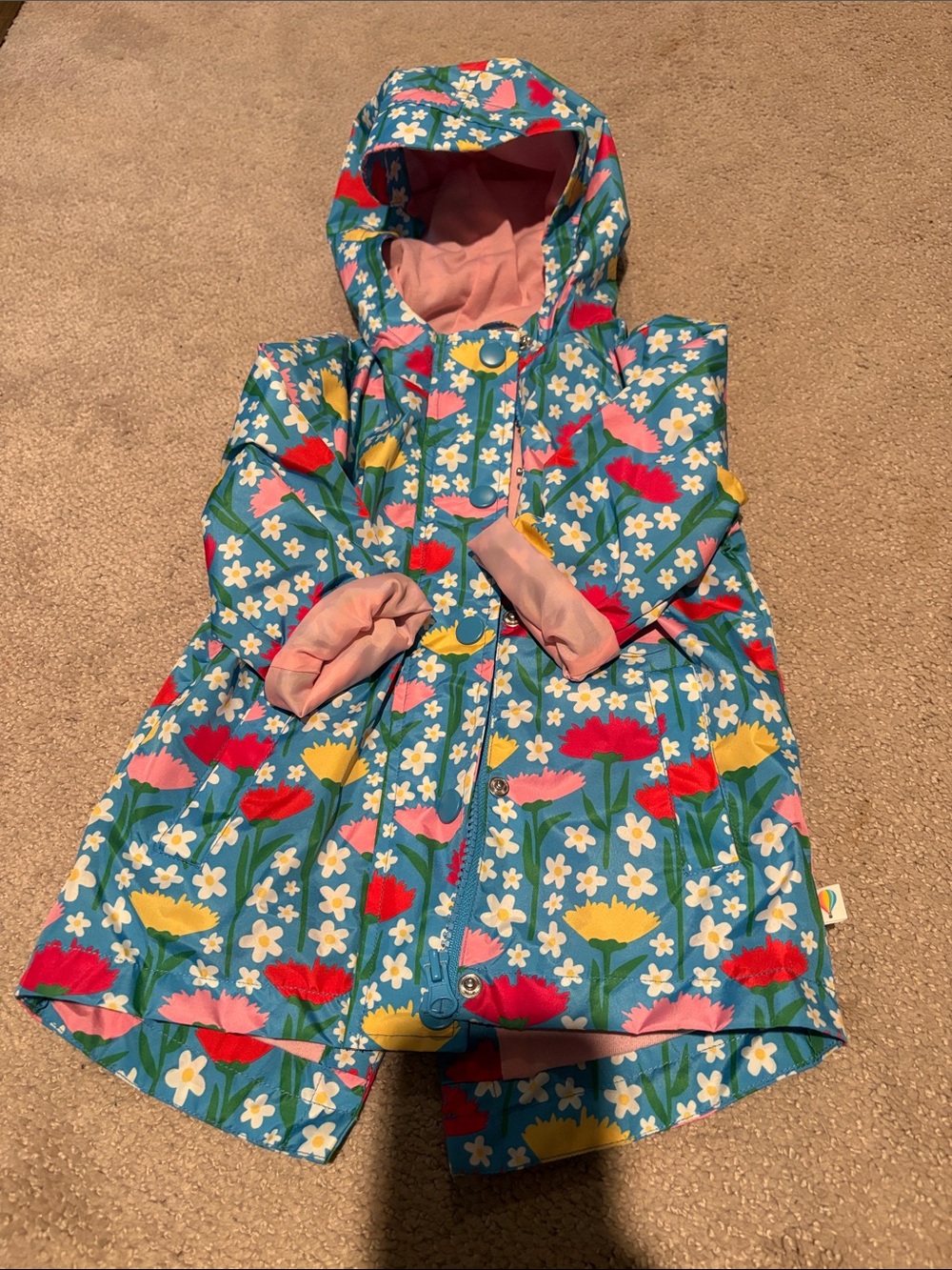 Kids Floral Hooded Raincoat - Blue with Pink Lining 18months